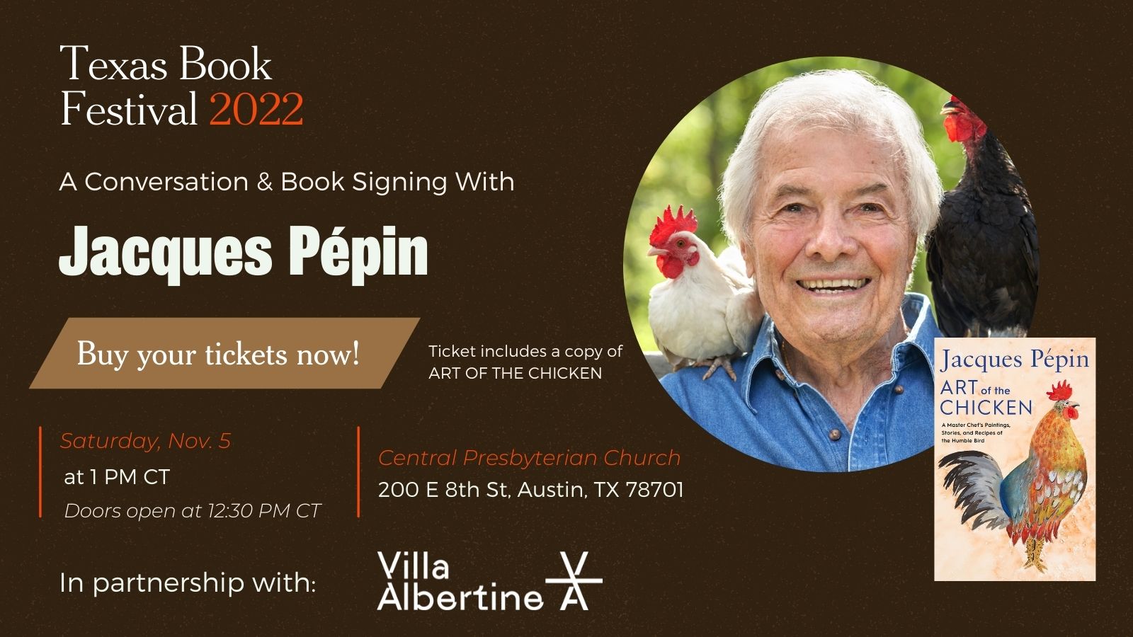 Jacques Pépin presents ART OF THE CHICKEN – Saturday, November 5, 1:00 p.m.