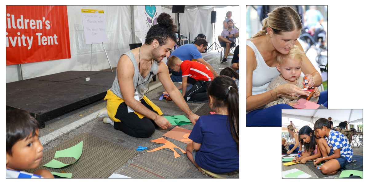 Families enjoy some fun activities with Marcelo Verdad in the Children's Tent