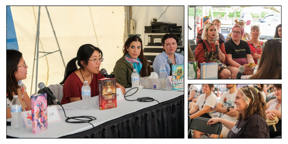 Attendees enjoy some panel discussion and Q&A in the YA HQ tent.